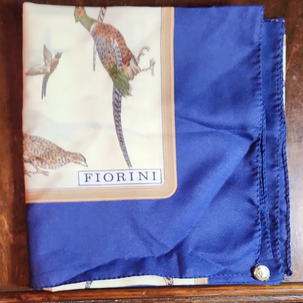 Vintage Fiorini Blue and Cream Scarf with Bird Design
